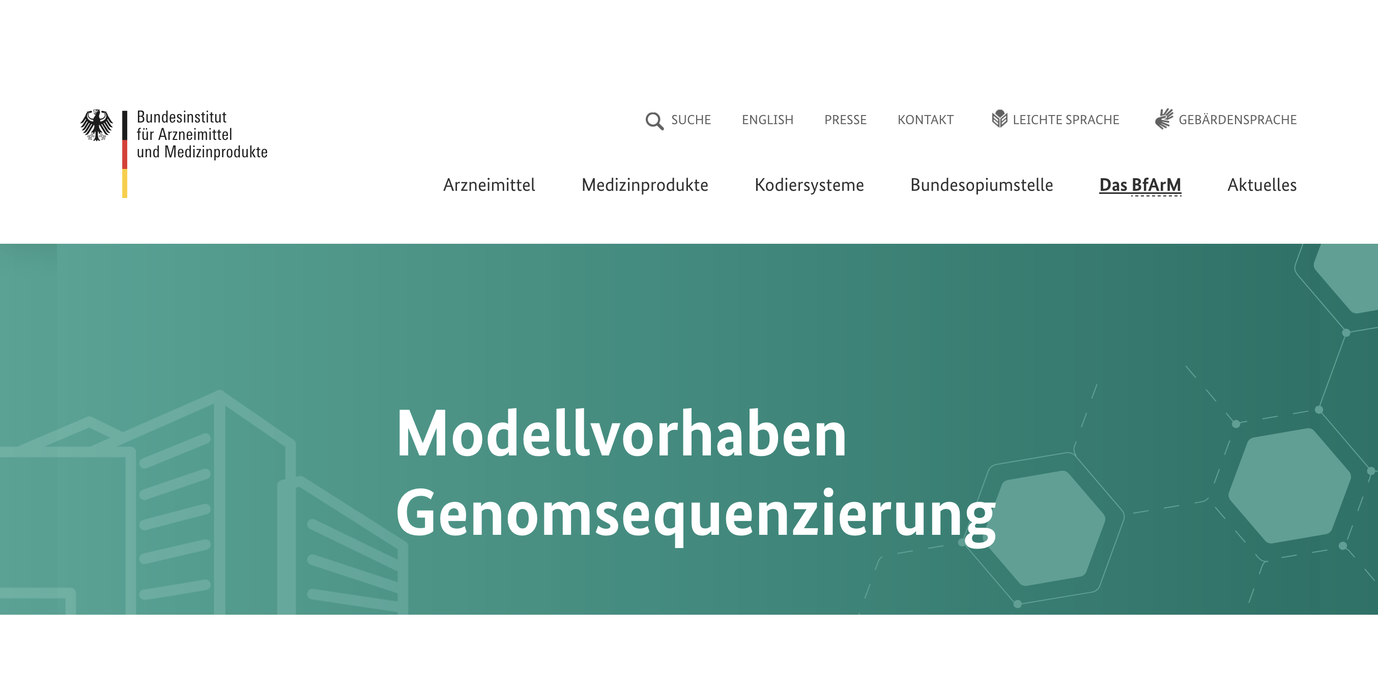 Das Bild ist ein Screenshot der Website des BfArM zum Thema Modellvorhaben Genomsequenzierung.