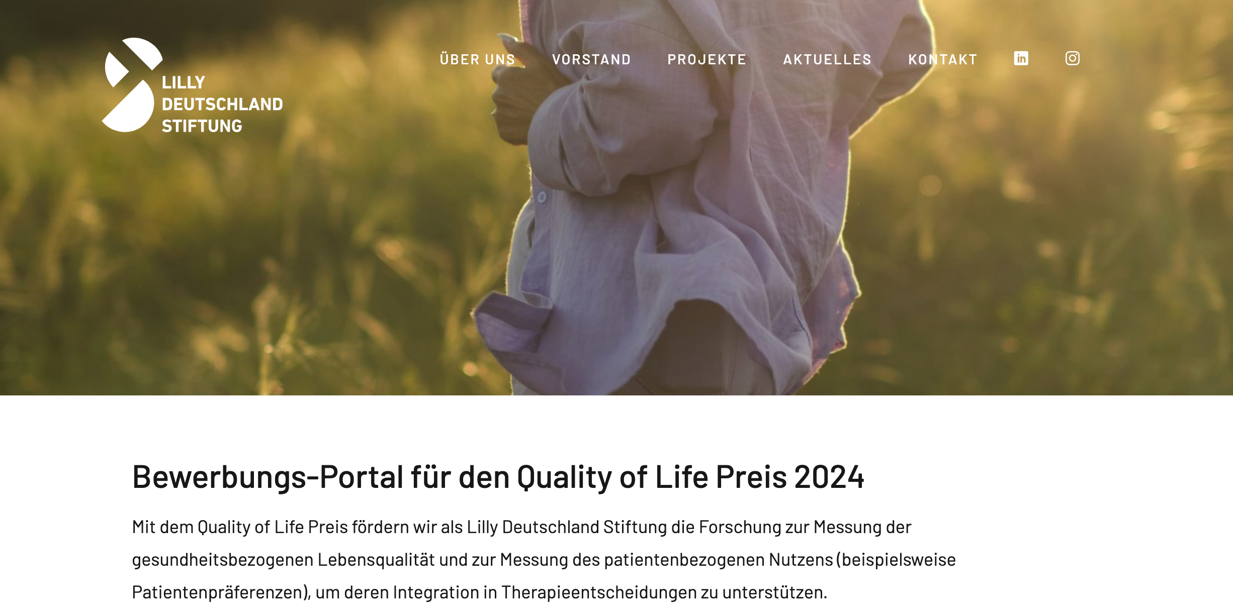 Das Bild ist ein Screenshot der Lilly Deutschland Stiftung zum Thema Quality of Life Preis.
