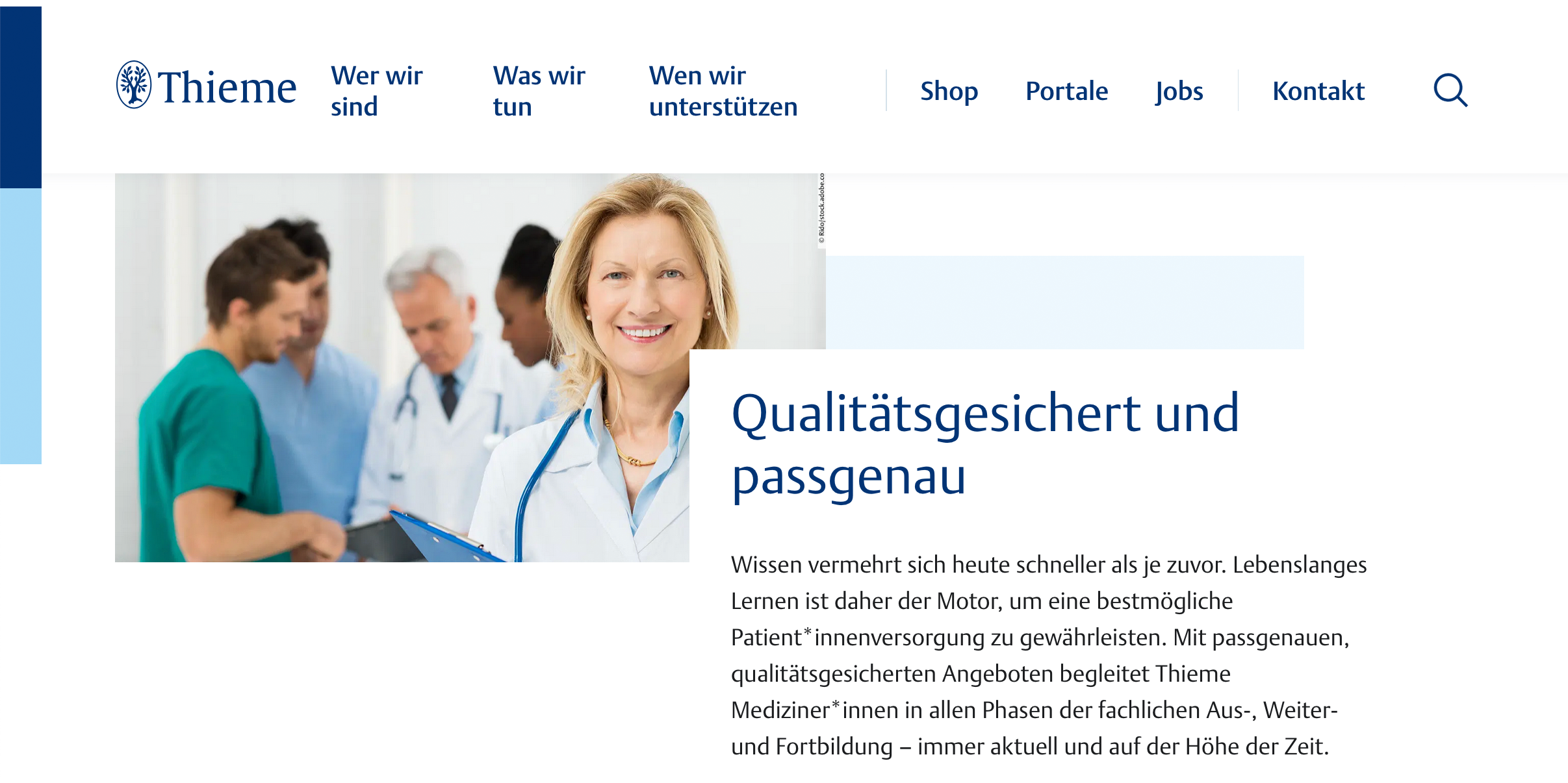 Auf dem Screenshot der Website der Thieme Gruppe ist eine Ärztin zu sehen, die lächelt. Es geht um die medizinischen Fachzeitschriften, die für die Fort- und Weiterbildung weiterhin wichtig sind.