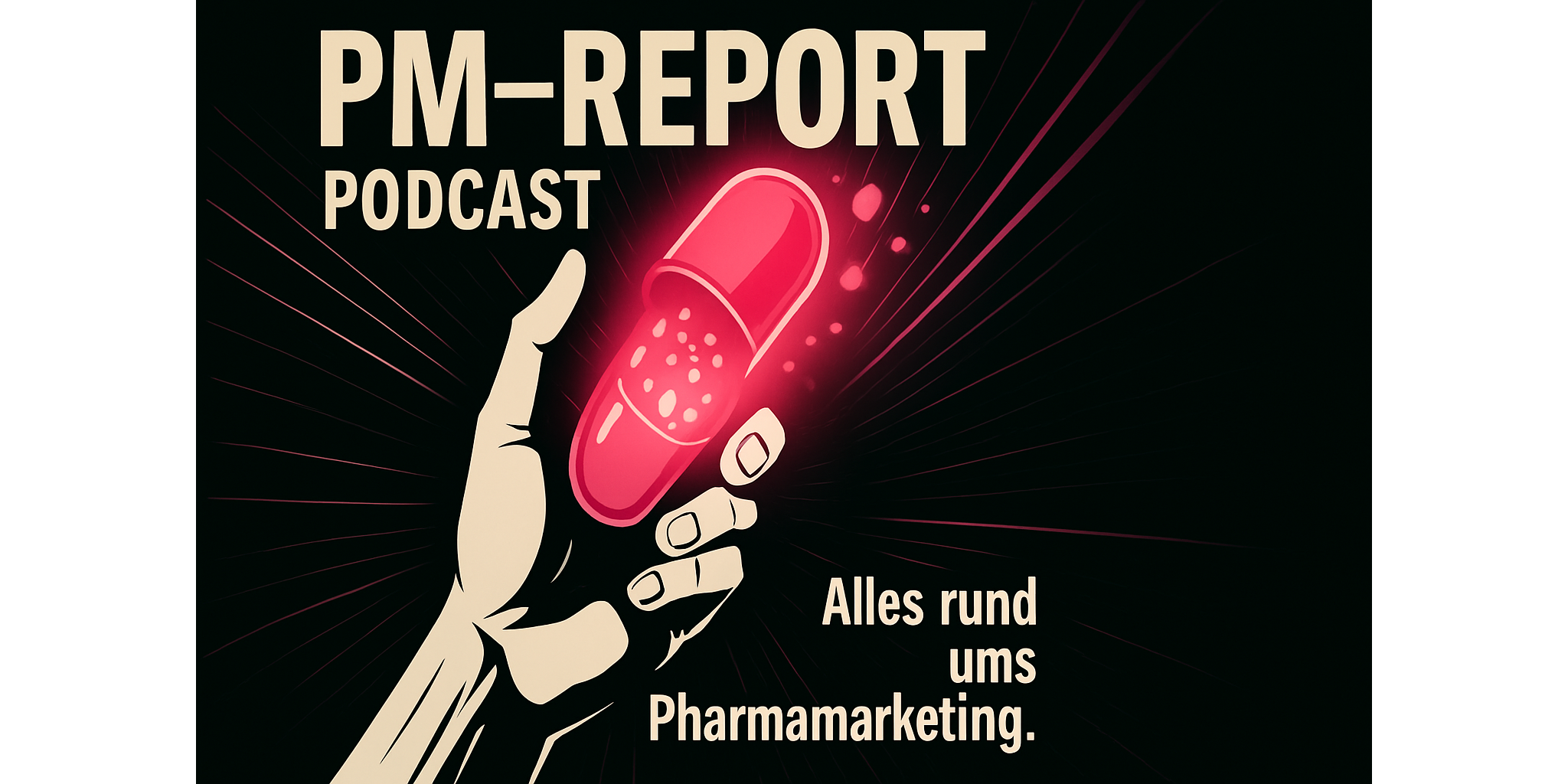Auf dem Bild ist eine Hand im Mangastil zu sehen, die eine übergroße, neonpinke Tabltte in der Hand hölt, die auseinanderbricht und lauter pinke Partikel herausfliegen. Text dazu: PM-Report Podcast. Alles rund ums Pharmamarketing.