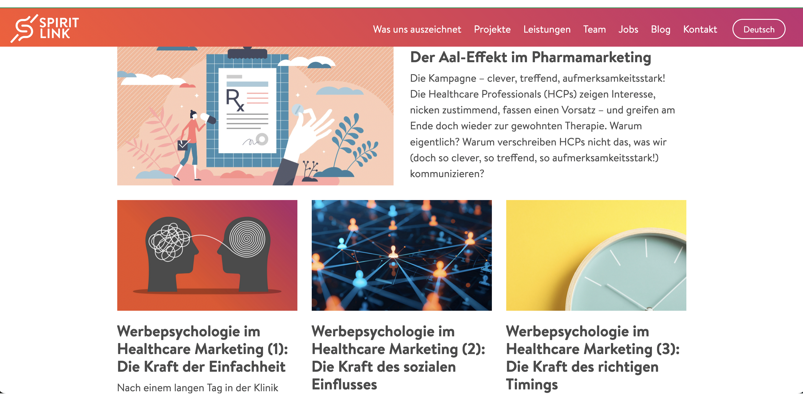Das Bild ist ein Screenshot der Website von der Agentur Spirit Link zum Themenspecial Werbepsychologie.