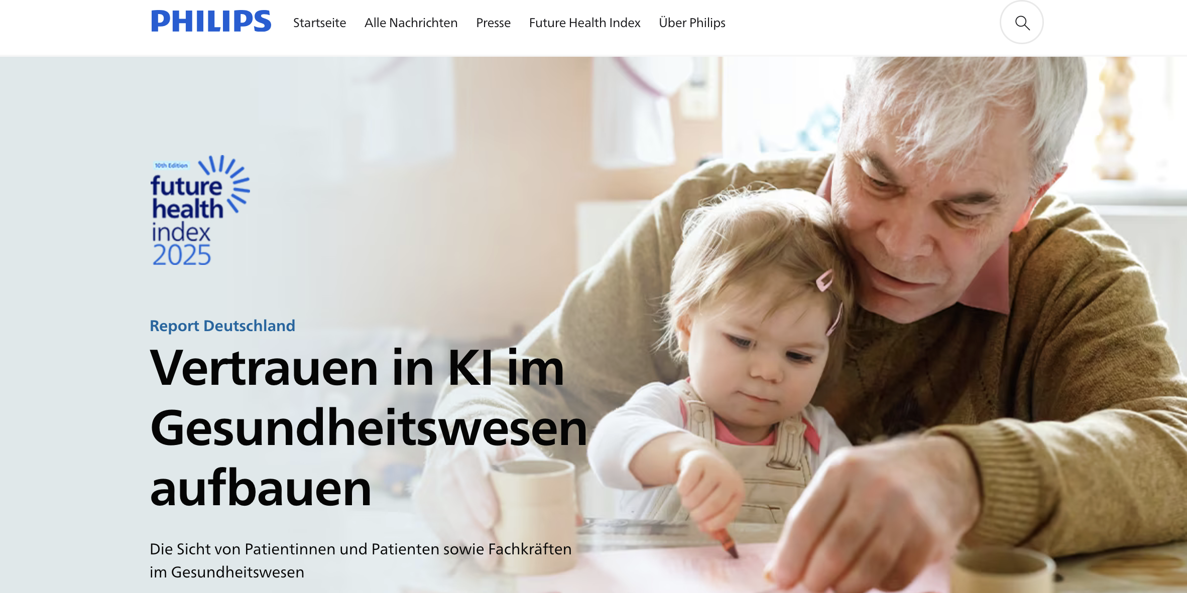 Das ist ein Screenshot der Website von Philips, auf der der Future Health Index 2025 veröffentlicht worden ist.