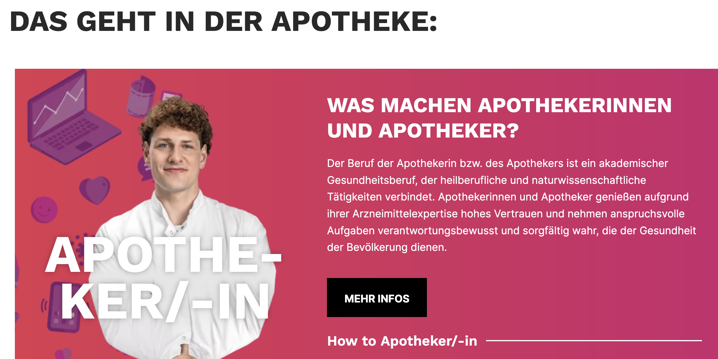 Das Foto ist ein Screenshot der Website apotheken-karriere.de von der ABDA, um junge Leute oder überhaupt Nachwuchskräfte für den Beruf des Apothekers zu interessieren.