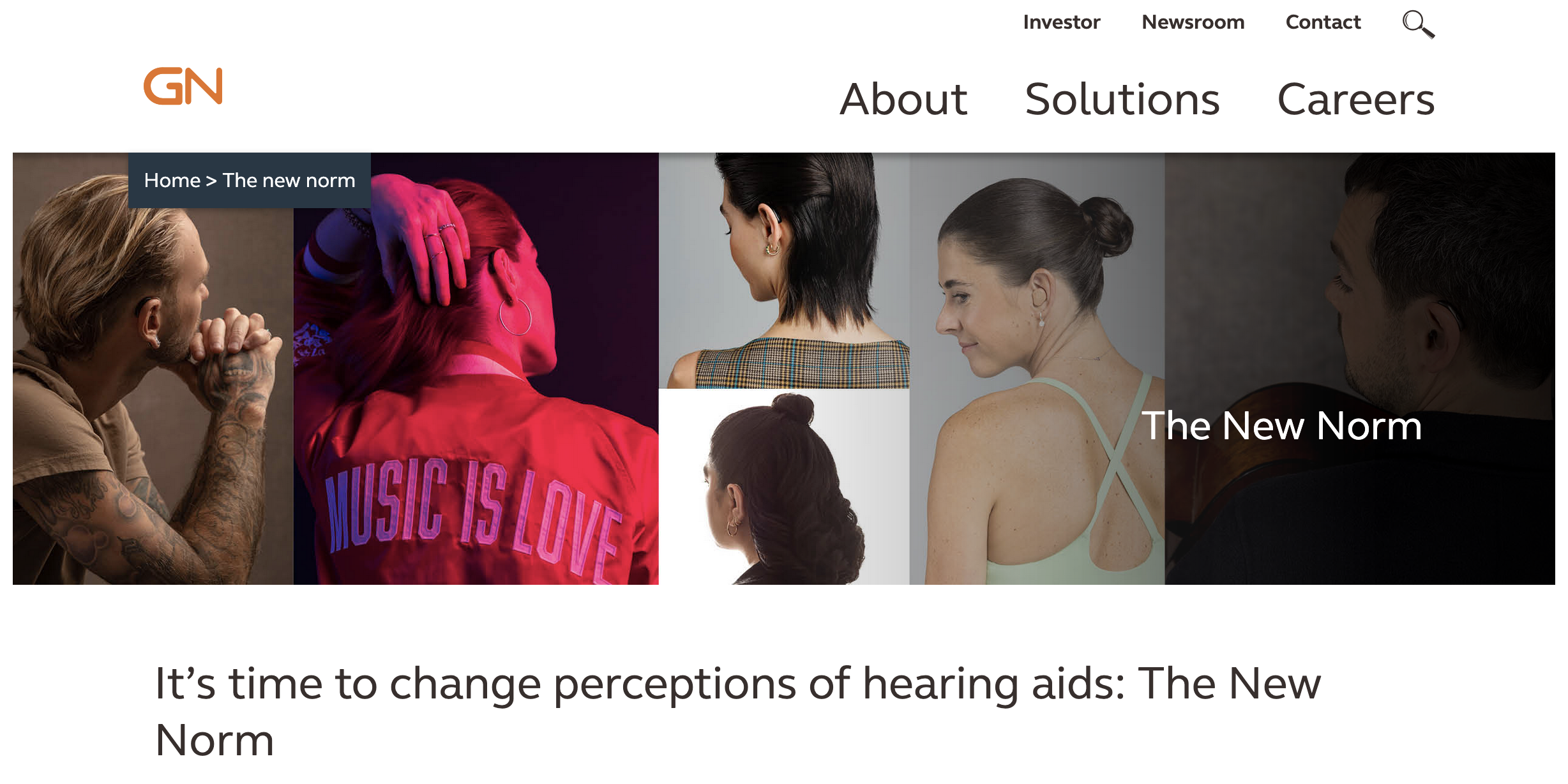 Das Foto ist ein Screenshot der Website GN Hearing und der Kampagne The New Norm. Zu sehen sind Porträts von Menschen, die Hörsysteme tragen, die kaum zu sehen sind.