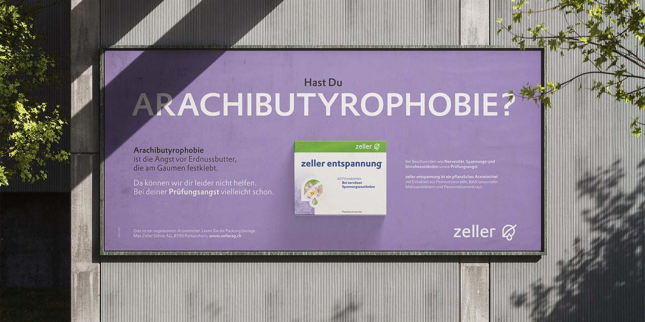 Das Foto stellt ein lilafarbendes, sehr großes Plakat dar, das an einer Außenwand hängt und den Titel Arachibutyrophoebie trägt.