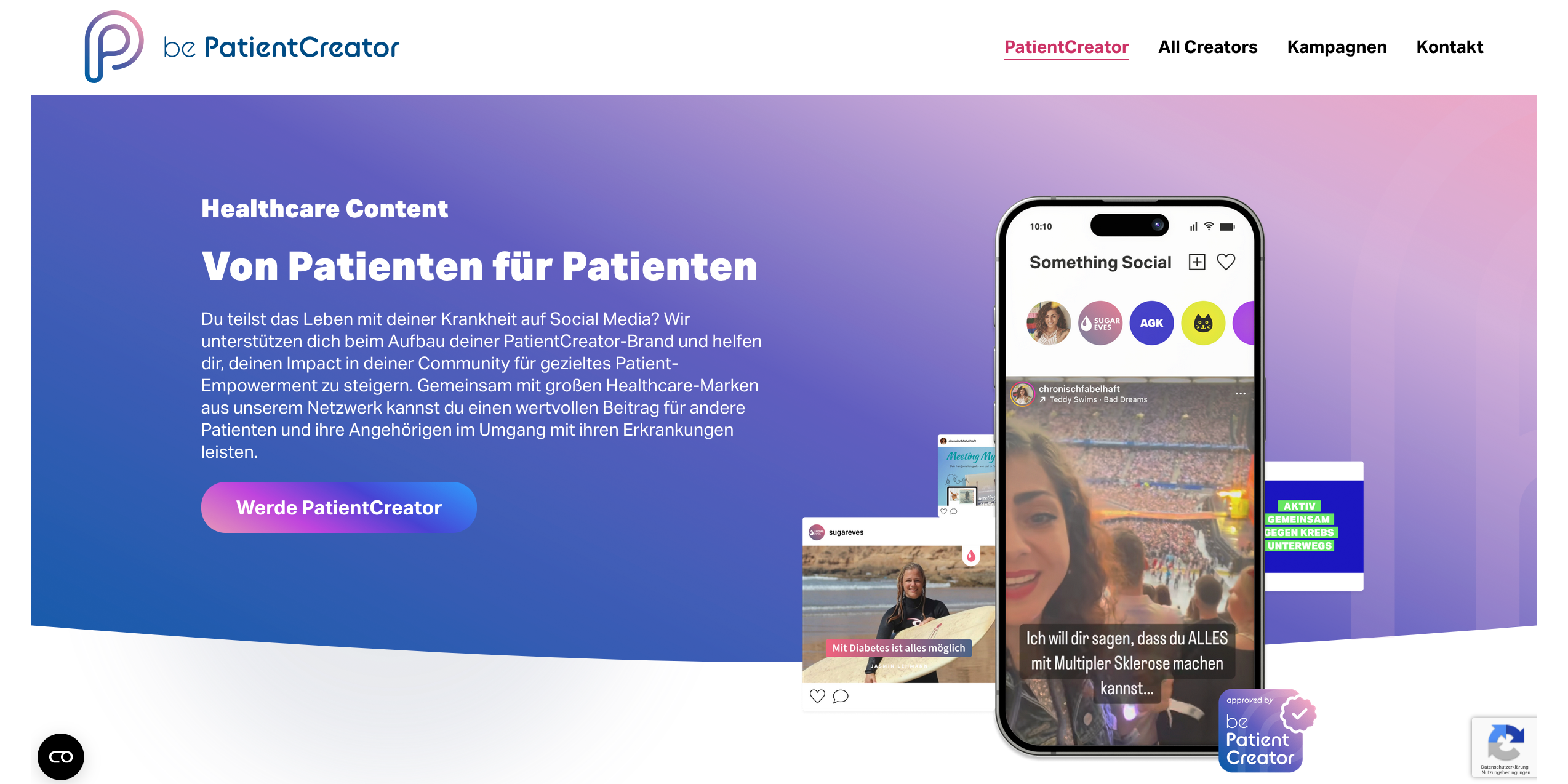 Auf dem Screenshot der Website be PatientVreator ist ein kurzer Text zur Erklärung zu sehen sowie Bilder von Social Media Profilen von Patient Creatoren.