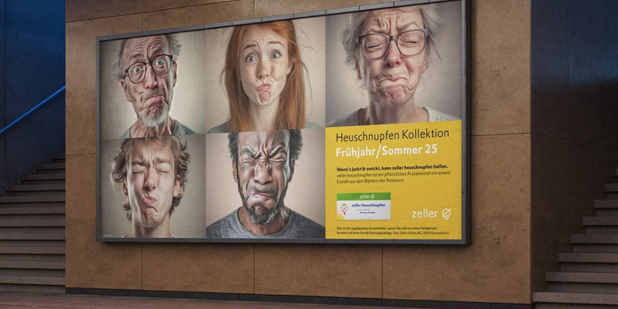 Auf dem Foto ist ein Kampagnenmotiv zur Heuschnupfen Kampagne des Unternehmens Max Zeller zu sehen: fünf unterschiedliche Gesichter mit unterschiedlichem Niesreiz.