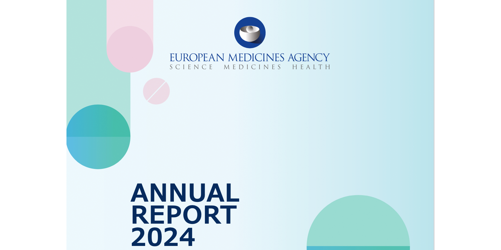 Auf dem Bild ist das Cover des EMA Jahresberichts 2024 zu sehen, das Logo der EMA und die Headline "Annual Report 2024".