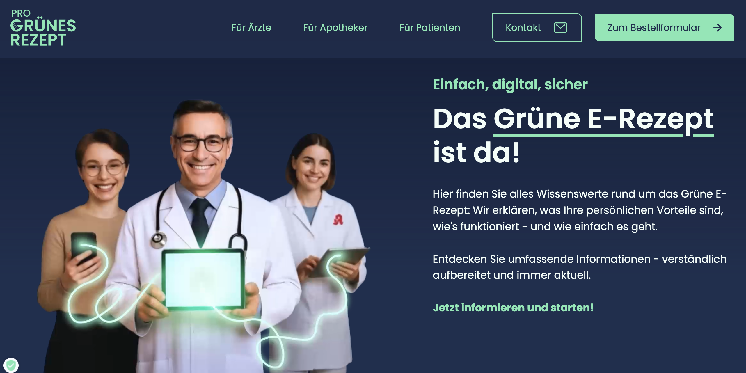 Das ist ein Screenshot der Website Grüners E-Rezept. Dort ist die Zielgruppe zu sehen: Ärzte, Apotheker und Patienten.