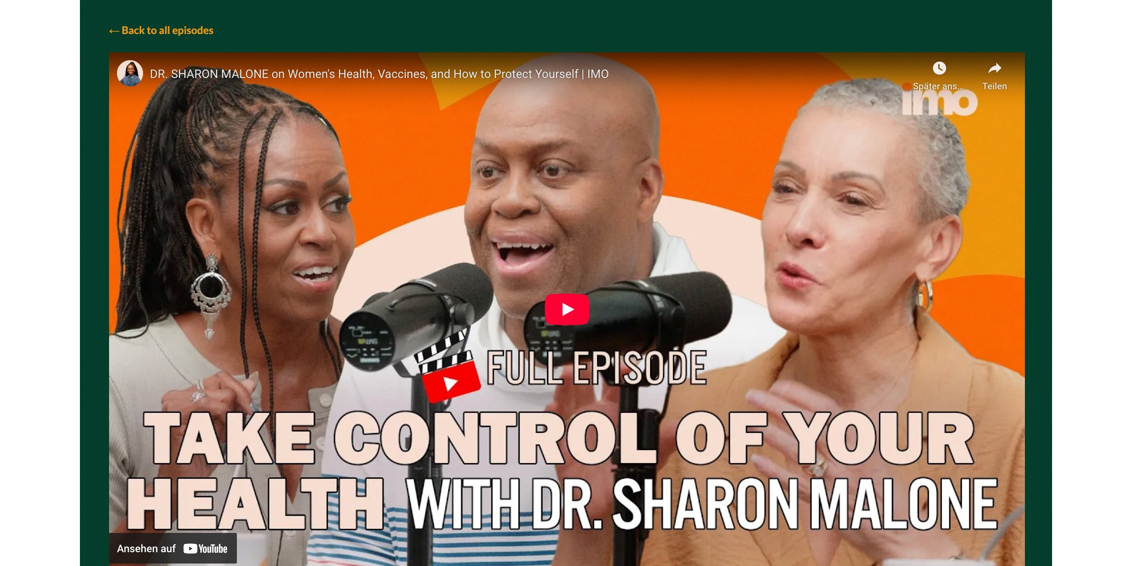 Auf dem Screenshot sind von links nach rechts Michelle Obama, Craig Robinson und Dr. Sharon Malone zu sehen, die in dem IMO Podcast über Missstände bei der Frauengesundheit sprechen.