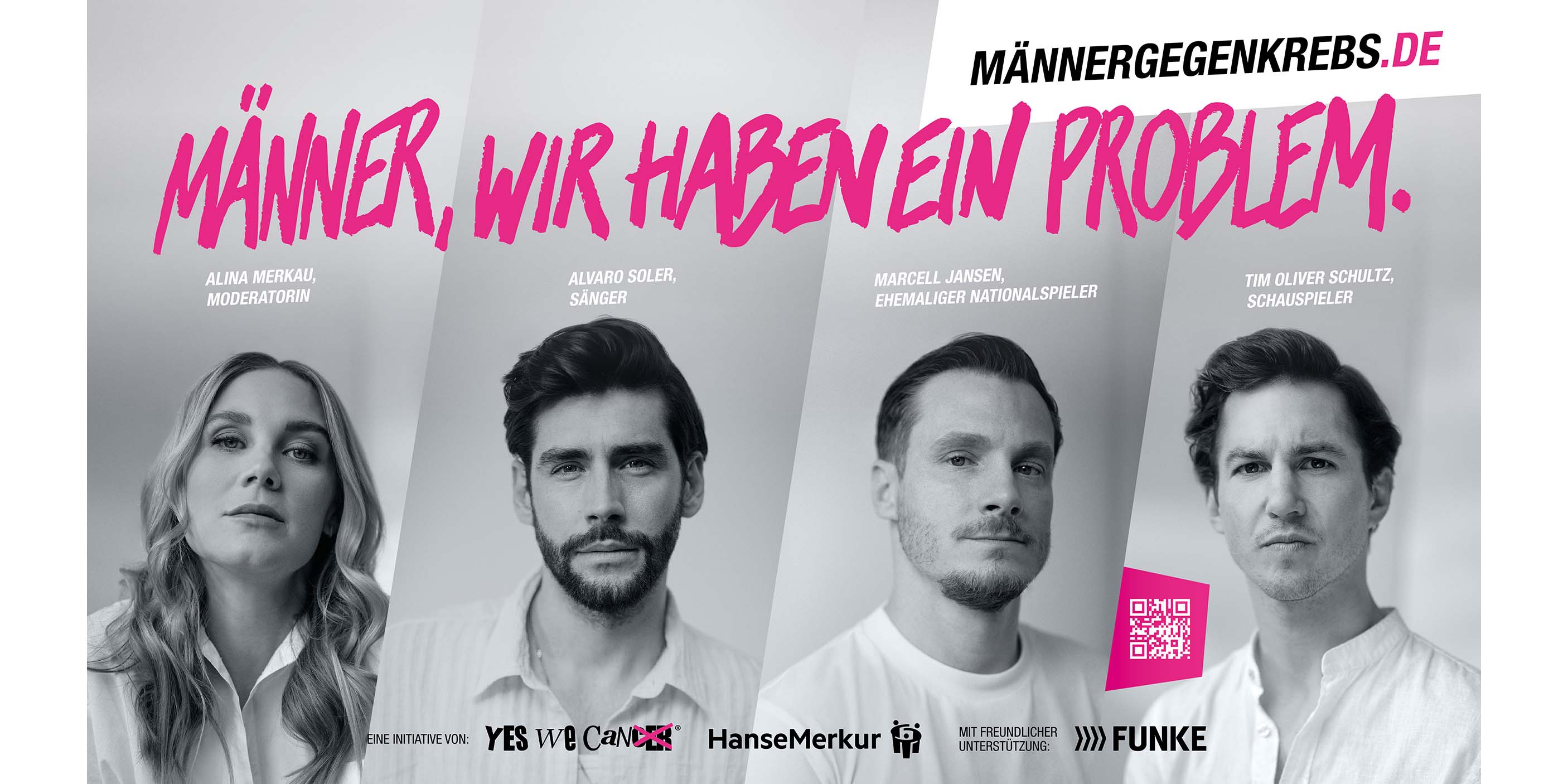 Auf dem Kampagnenfoto der Aufklärungsinitiative für die frühe Krebsvorsorge, vor allem bei jüngeren Männern, sind: Ex-Fußball-Nationalspieler Marcell Jansen, Schauspieler Tim Oliver Schultz, Moderatorin Alina Merkau und Sänger Alvaro Soter. 