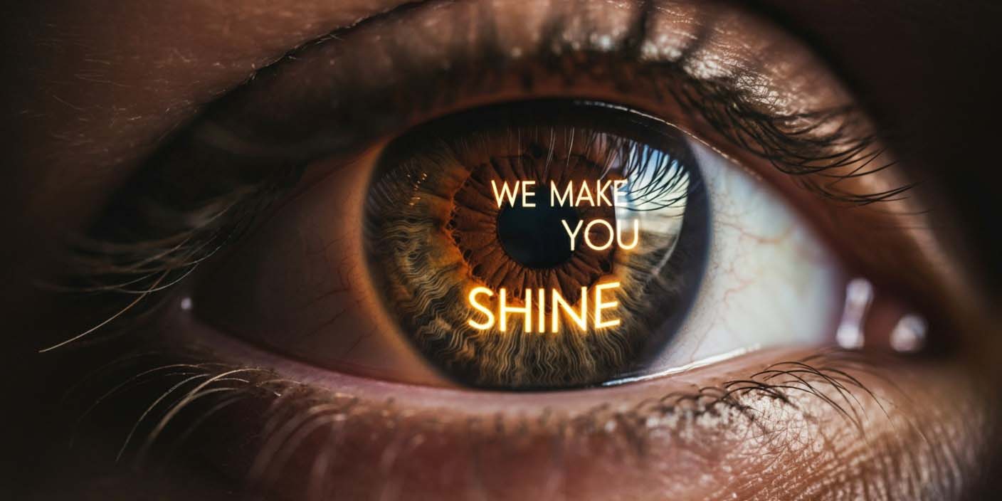 Auf dem Foto ist ein Auge zu sehen, in deren Iris sich der Claim der Agenutr DDB Health spiegelt: We make you shine.