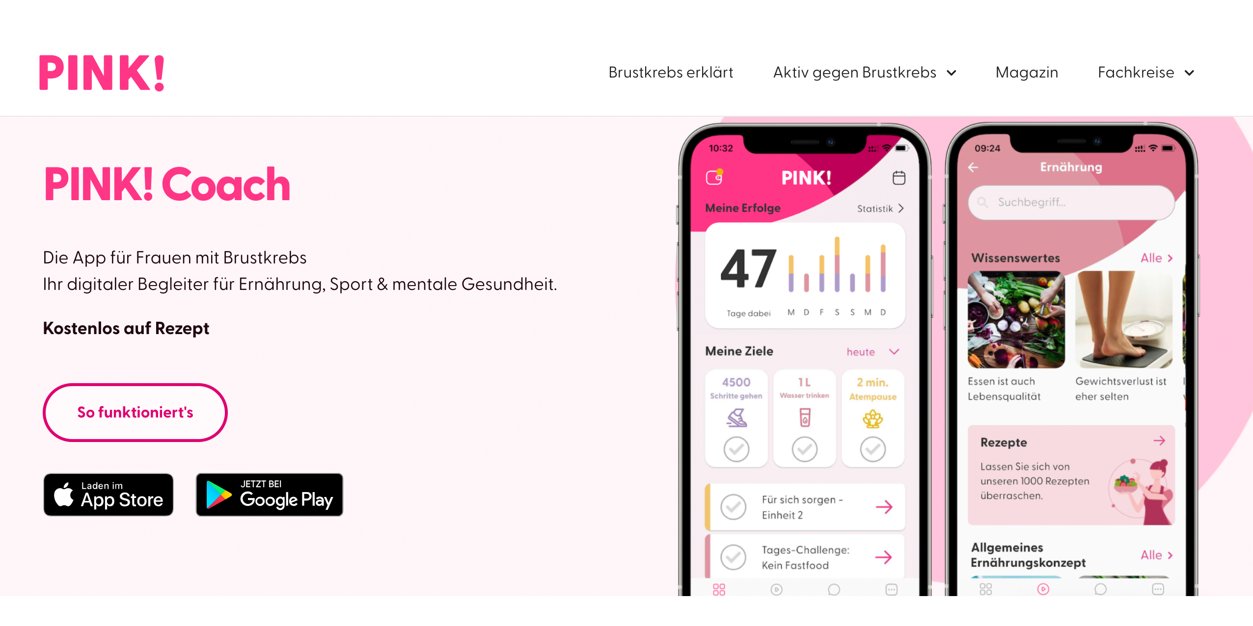 Auf dem Screenshot der Website zur digitalen Gesundheitsanwendung Pink! die App auf dem Smartphone zu sehen.