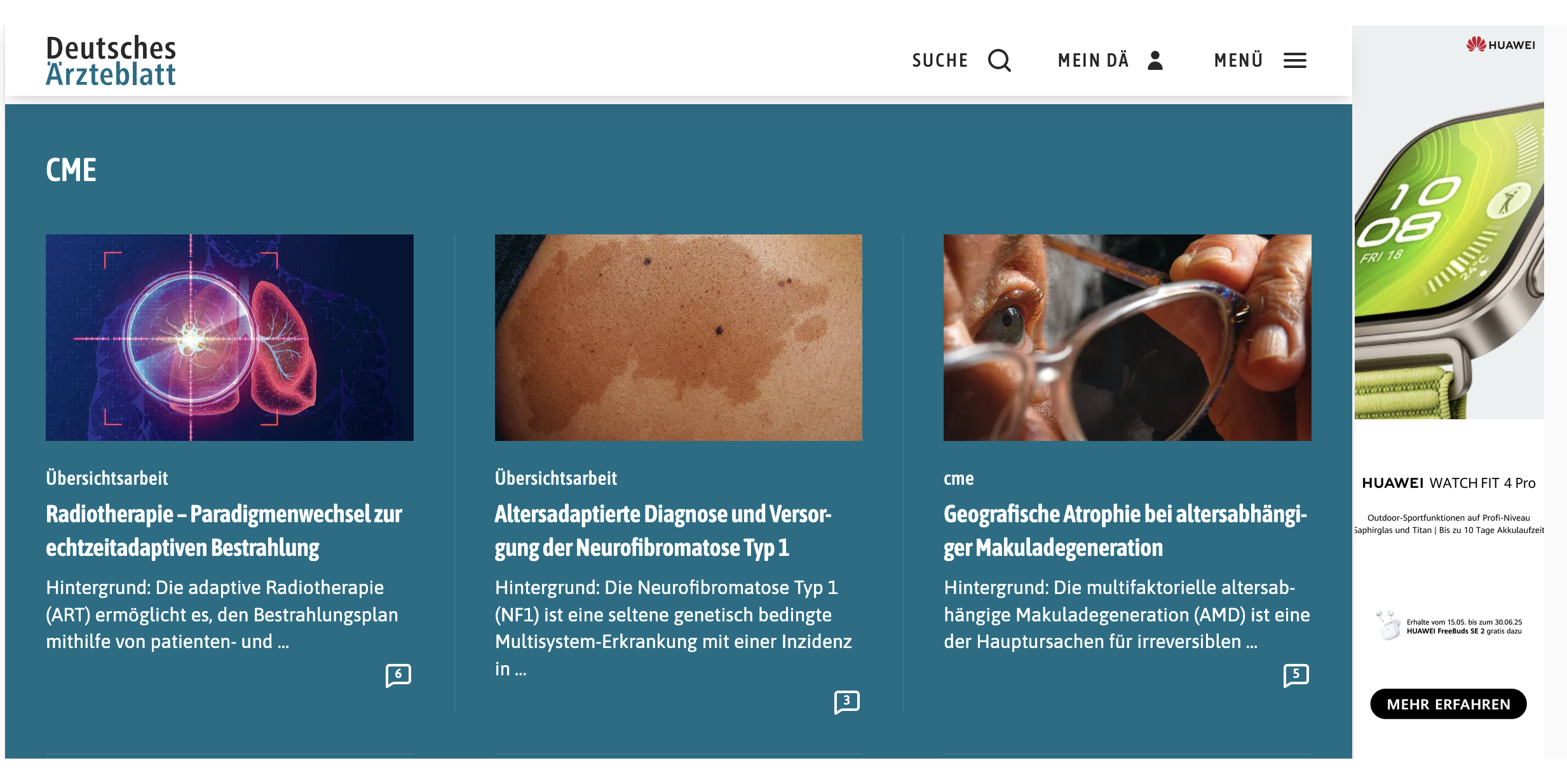 Auf dem Screenshot ist ein Teil der Website aerzteblatt.de zu sehen, und zwar der Bereich CME.