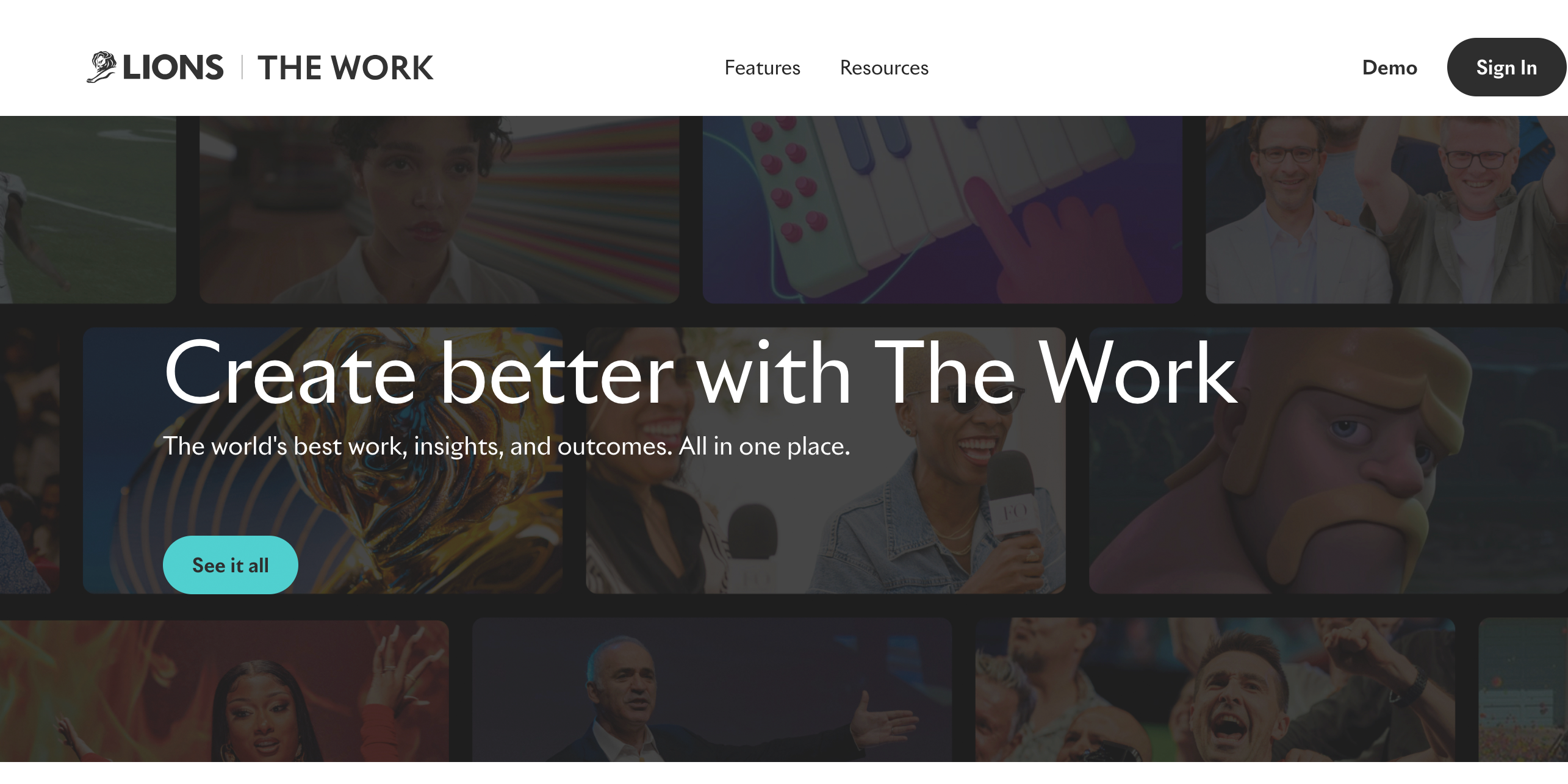 Auf dem Screenshot ist die Startseite der Website des Kreativwettberwerbs Cannes Lions zu sehen. Der Claim lautet: Create better with The Work.