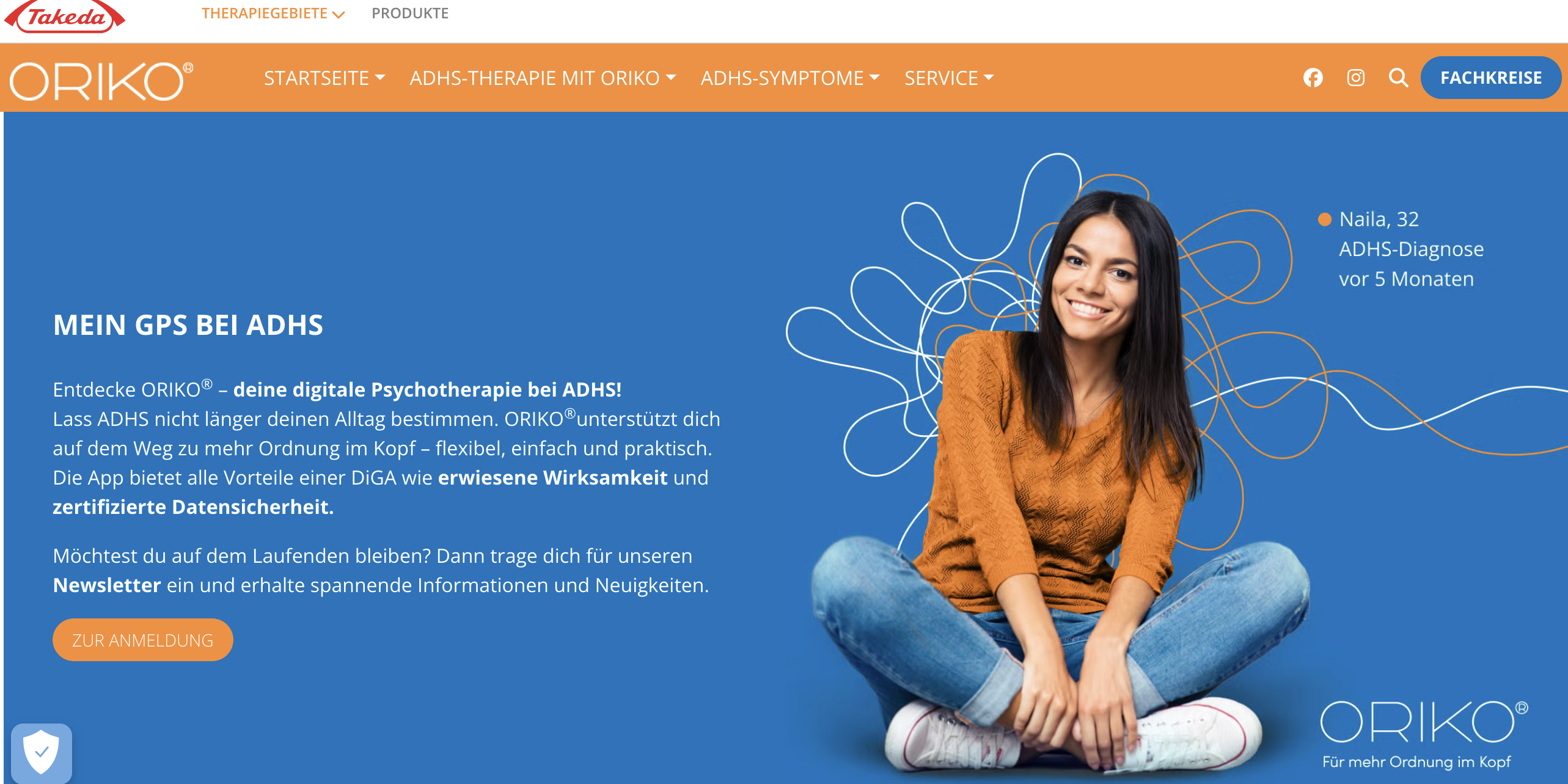 Das Bild ist ein Screenshot der Website www.oriko-adhs.de von Takeda, die über ADHS im Erwachsenenalter, das multimodale Therapiekonzept und die Funktionalitäten von ORIKO® informiert. Die Inhalte wurden zielgruppenspezifisch für Patient:innen sowie medizinische Fachkreise aufbereitet.
