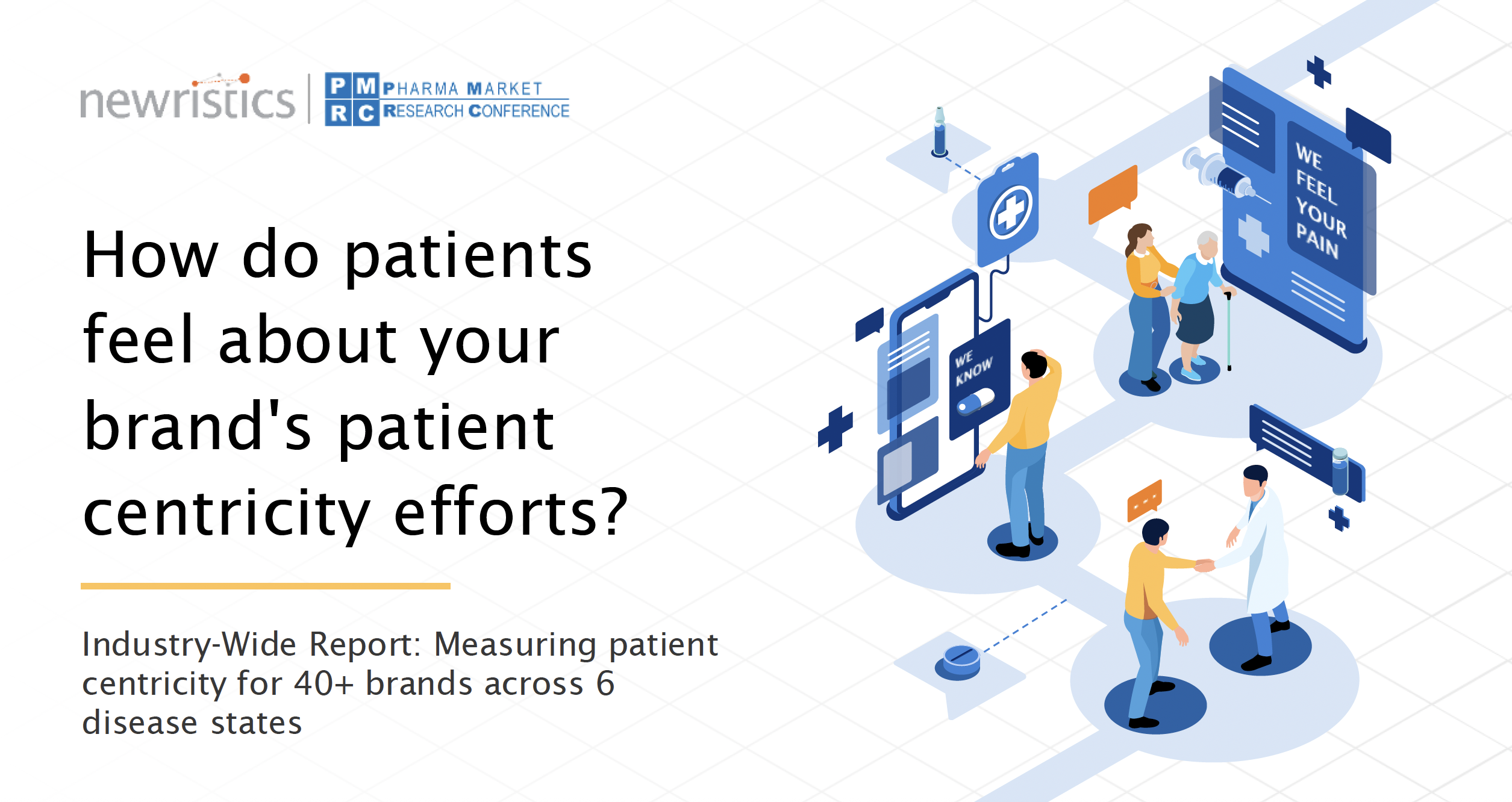 Auf dem Bild ist das Cover der Analyse "How do patients feel about your brand's patient centricity efforts" zu sehen: Links eben der Titel der Analyse und rechts ein als in eine Art Comic gestalteter Patient, der verschiedene Touchpoints in seiner Patientjourney durchläuft, z. B. ein Arztbesuch.