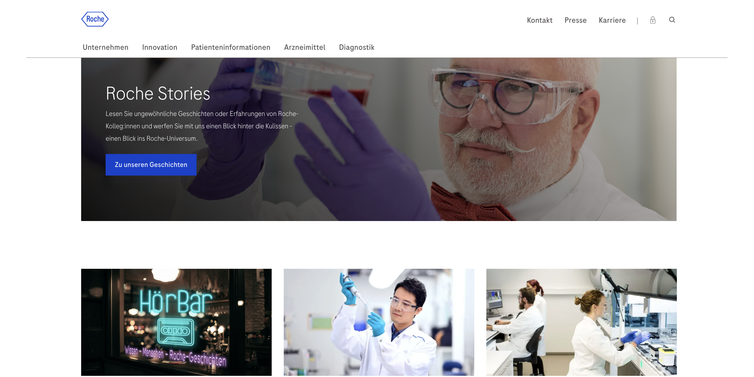 Das Foto ist ein Screenshot der deutschen Website von Roche. Darauf zu sehen einige Forscherinnen und Forscher in ihrem Arbeitsalltag.